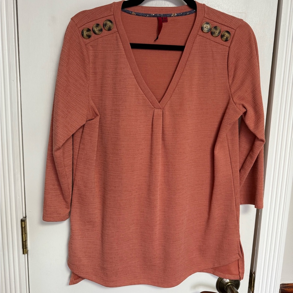 Scarlett Coral V-Neck Blouse with Button Accents